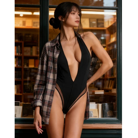 New style one-piece lace patchwork sexy see-through deep V-neck halter-neck women's Ladies Sexy Bodysuits