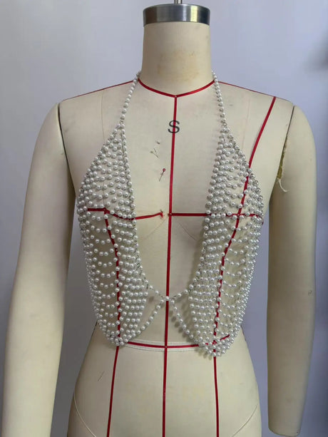 CHICATWILL European Sexy Deep V-Neck Lady Camis Pearls Tops Beach Handmade Beading Body Chains Hot Woman Vest American Female