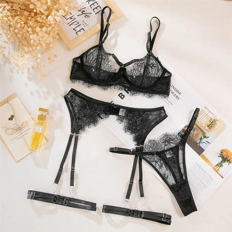 Krasapt Fancy Lace Sexy Lingerie 4 Pcs Sets Sexi Hollow Out Sheer Bras And Thongs Garter Suits With Peplum Skirt Erotic Outtits