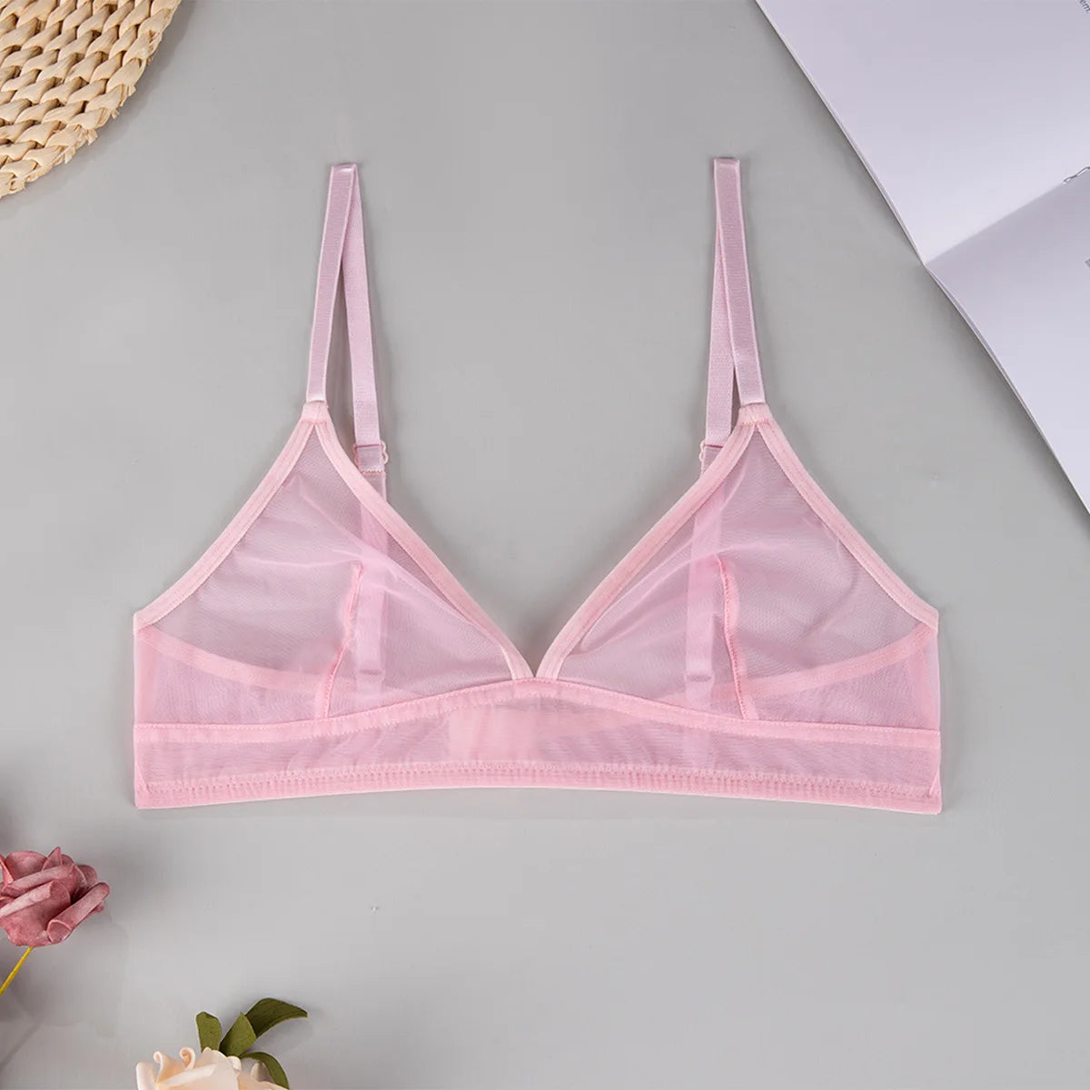 Sexy Transparent Ladies' Brassiere Three-piece Women's Bra Small Bust Mesh Lingerie Ultra-thin Triangle Double Shoulder Straps