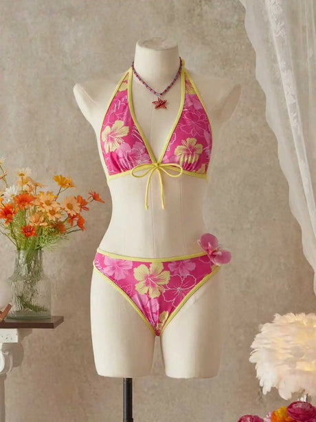 Women European American Sexy Three Piece Bikini Swimwear Set Floral Print Tie Up Swim Skirt Beach Bathing Suit