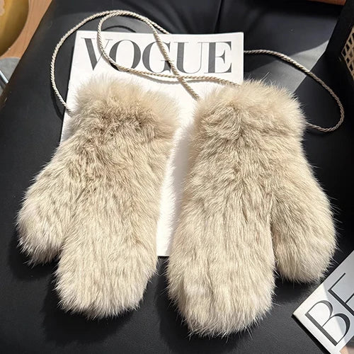 Hot Sale Women's 100% Natural Rabbit Fur Winter Gloves Warm Knit Thick Thermal Mittens Soft Real Fur Outdoor Cold Weather Glove