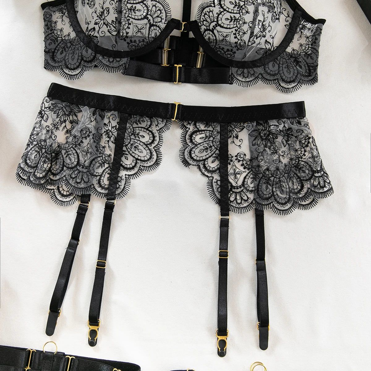 Krasapt Black Lace Embroidered Metal Buckle Sexy Lingerie Set Front Open See-through Lingerie 5Pcs Set Fancy Exotic Intimate Set