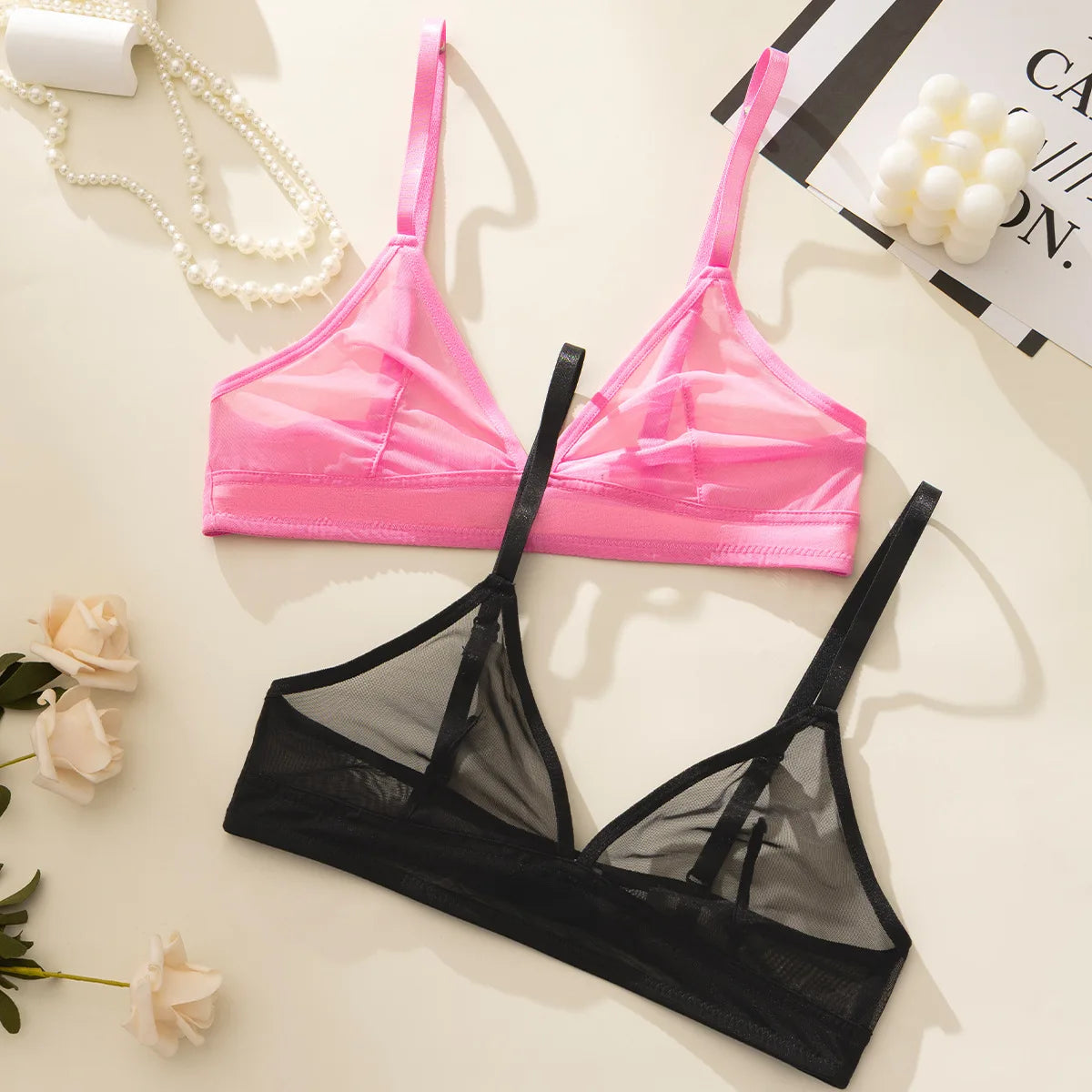 Sexy Transparent Ladies' Brassiere Three-piece Women's Bra Small Bust Mesh Lingerie Ultra-thin Triangle Double Shoulder Straps