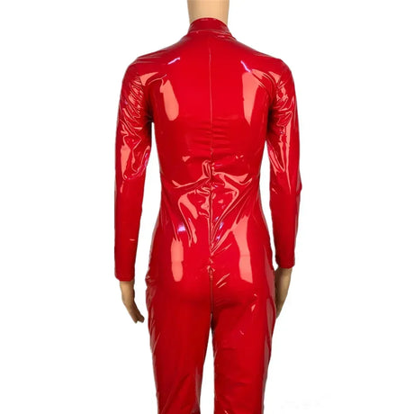 Sexy Hot Women Faux Leather Catsuit PVC Latex Bodysuit Front Zipper Open Crotch Jumpsuits Stretch Bodystocking Costumes