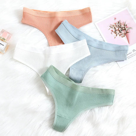 4Pcs Women's Panties Fashion Striped Thongs Soft Cotton Underwear Ladies Sexy Lingeries Sports Breathable G-Strings Cozy T-Back