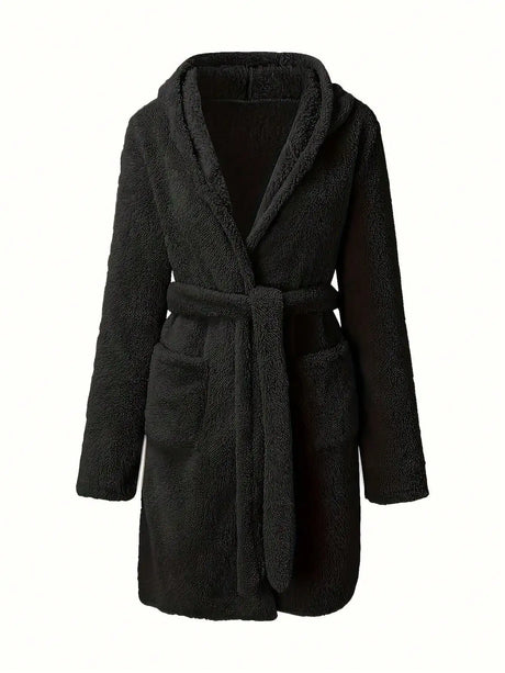 1 piece of women's solid color hooded robe with belt, cozy and warm fleece pajamas for home wear in autumn and winter.
