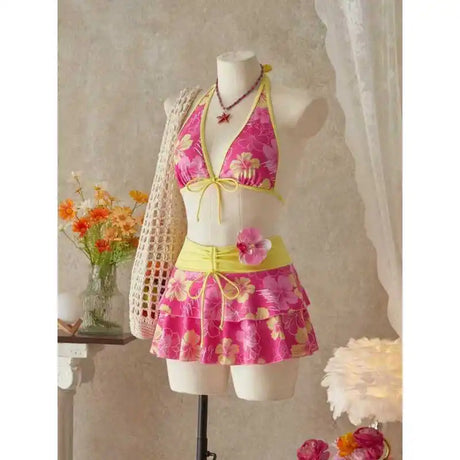 Women European American Sexy Three Piece Bikini Swimwear Set Floral Print Tie Up Swim Skirt Beach Bathing Suit