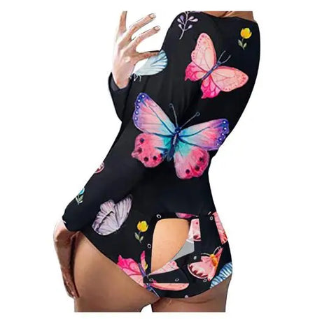 Sexy Pyjama Women's Long Sleeves Homewear Suit Button-Down Front Back Butt Bum Open Ass Flap Jumpsuit Loungewear Christmas Print