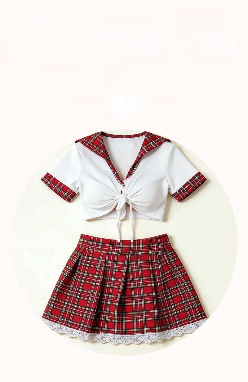 Women Sexy Lingerie Plaid Cosplay Uniform Role Play Costume Erotic Underwear Checkered Nightwear Fancy Dress Plus Size Set