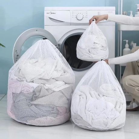 1Pc Drawstring Mesh Laundry Bags Fine/Coarse Mesh Washing Machine Travel Laundry Pouch Soft White Lingerie Storage Clothing Hot