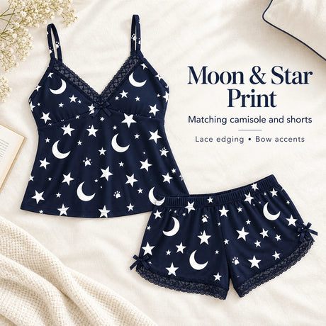 Women's Lace Trim Camisole Shorts Pajama Set, V Neck Bow Detail Sleeveless Two Piece Sleepwear in Solid and Printed Colors