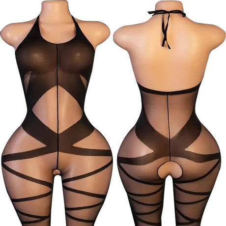 Sexy Crotchless Lingerie Women Open Back Teddies Body Suits Mesh See Through Bodystockings Full Sleeve Leopard Print Bodysuits