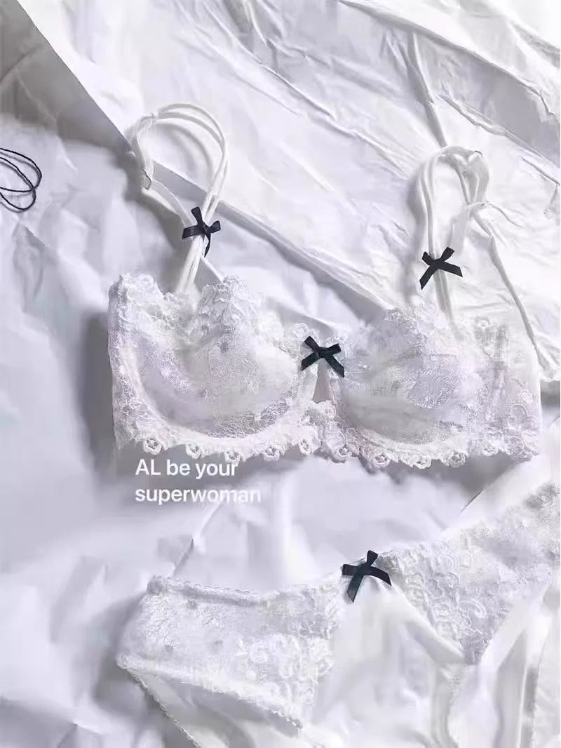 European Lace Bra Set Ultra-Thin Semi-Transparent, Half Cup Pure Desire Bras for Small Chest, Anti-Sagging Comfortable Underwear