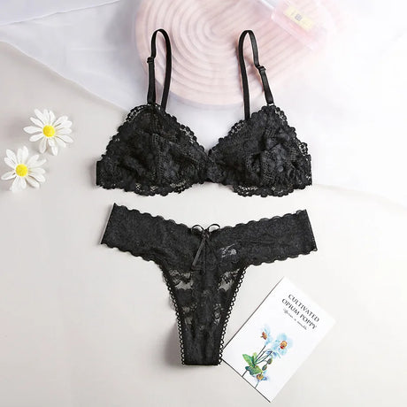 Women Lace Bra and Panties Set Sheer Bralette Low Waist Thongs Triangle Cup Wireless Sexy Lingerie Set Ladies Underwear S-L