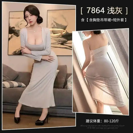 Gentle Chest Cushion Seductive Thin Sheer Seductive Revealing Chest Home Set Sexy Dress Elegant Long Dress Hot Sexy Women STF7