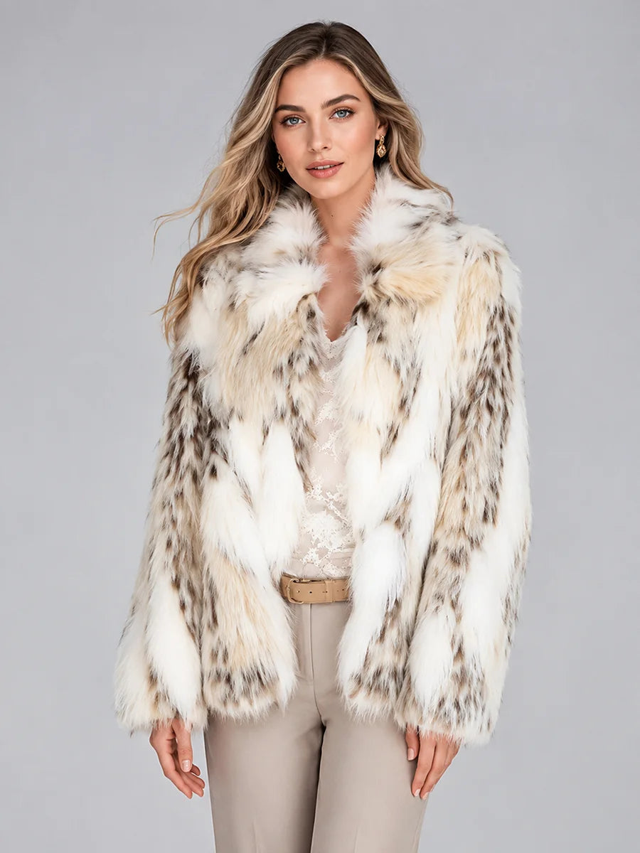 LIMO Women White Grey Spotted Faux Fur Notch Open Front Long Sleeve Cropped Fluffy Warm Winter Loose Fashion Daily Coat
