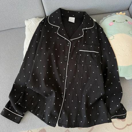 Spring and Autumn Large Black Pajama Women's Long Sleeve Set Sweet Cardigan High End Home Clothes Ladies Nightwear Star Print