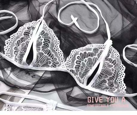 New Style Erotic Three-point Lingerie Set Women's Lace Hollowed Out Non Adjustable Underwear Sexy Crotchless Low Waist G-string