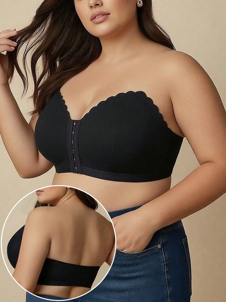 Summer Thin Black Strapless Front-Clasp Bra, Curve Large-Size Underwear, Wireless Bra Bandeau, Comfortable Single Bra Piece