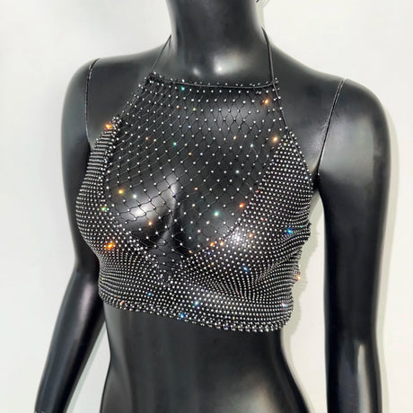 AKYZO European And American Splicing Bright Diamond Fishing Net Spicy Girl Suspender Sexy Party Vest Top