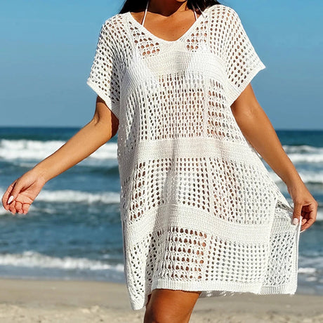 Knitting V-Neck Sexy Hollow Out Beach Bikini Cover-Ups Ladies Summer Vacation Casual Loose Beachwear Sunscreen Smock