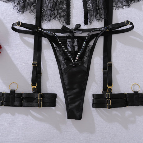 Ellolace Willowy Women's Lingerie Sets Luxury Sequin Bra Belt Thong 3PC with Leg Circles Luxury Tulle Women Intimate Underwear