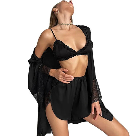 Pajama Sets Patchwork Lace Robe Sets With Bra Satin Sexy Underwear Set Woman 3 Pieces Sleepwear Sets Bathrobes 2023 Nightwear