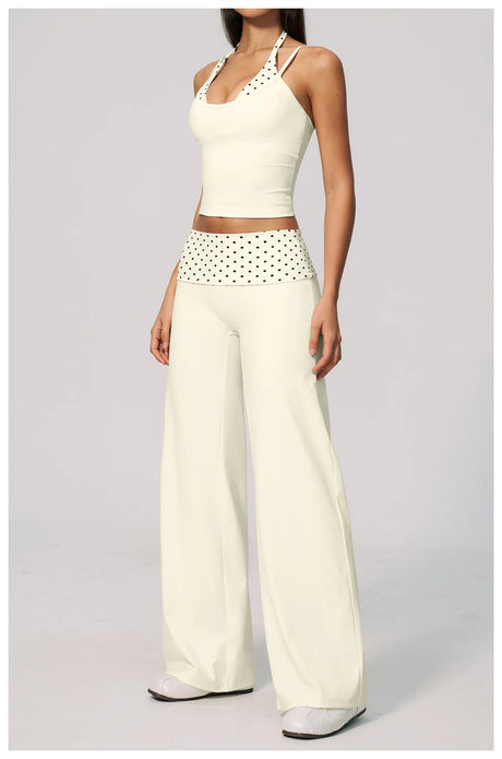 Fashion Polka Dot And Striped Wide Leg Pants For Women Fold Over Waist Bell-bottoms Flare Yoga Pants Push Up Workout Leggings