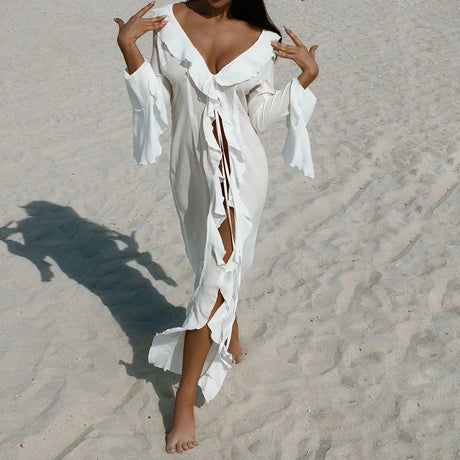 New Chiffon Tunic Beach Cover Up Cover-ups Dress Sunscreen Beachwear Womens Clothing Sexy V Neck Ruffled Long Sleeve Black White