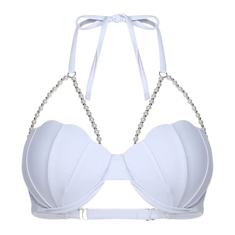 Women Shiny Bikini Bra Top Halter Neck Sheel Mermaid Swimwear Bead Chains Padded Bra Swim Tops Hawaii Beach Party Bathing Suit