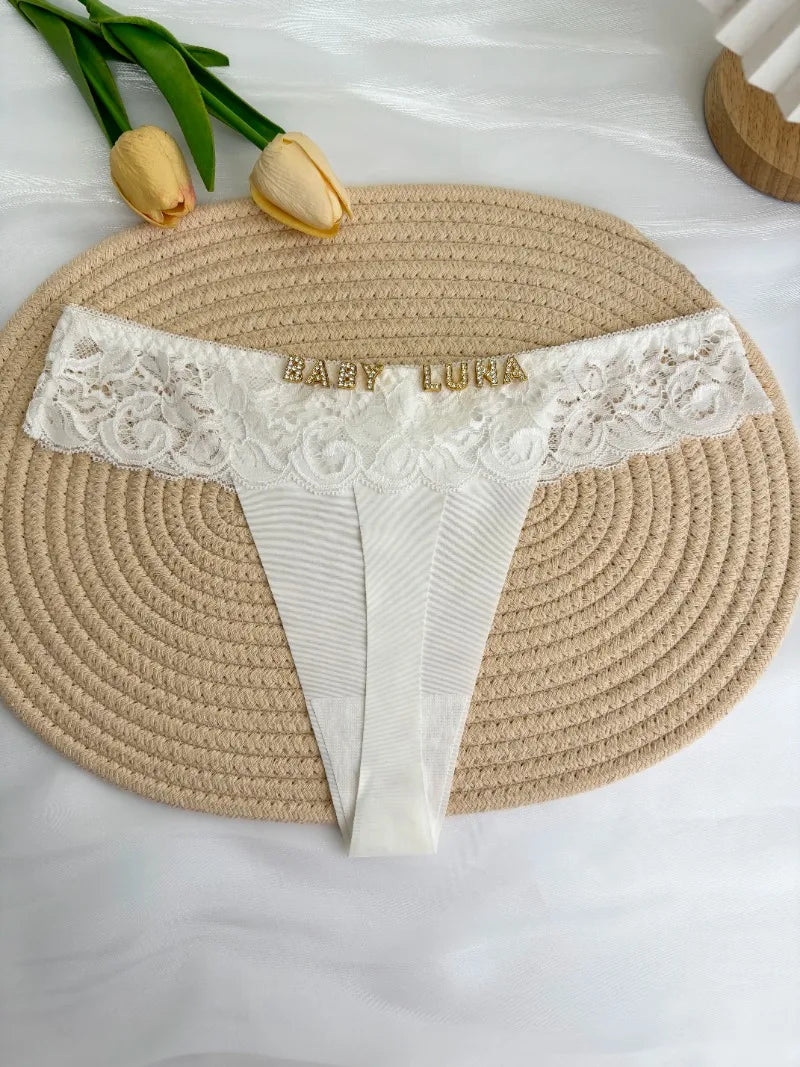 Personalized Custom Thong Name Crystal Letter G-String Low Waisted Lace Thong Ice Silk Bikini Panties Hot Wife Girlfriend Gift