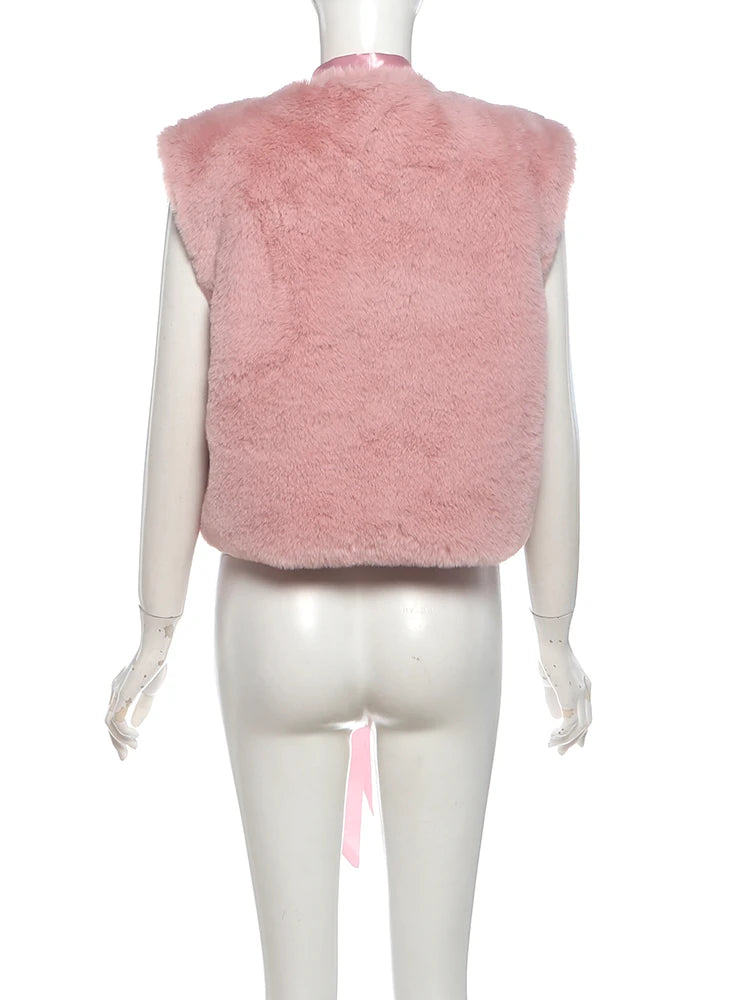 Cutenew Elegant Tank Tops Woman Autumn Trend Furry Comfortable o-Neck Bow Decoration Sweet Girl Street Fashion Y2K Style Vest