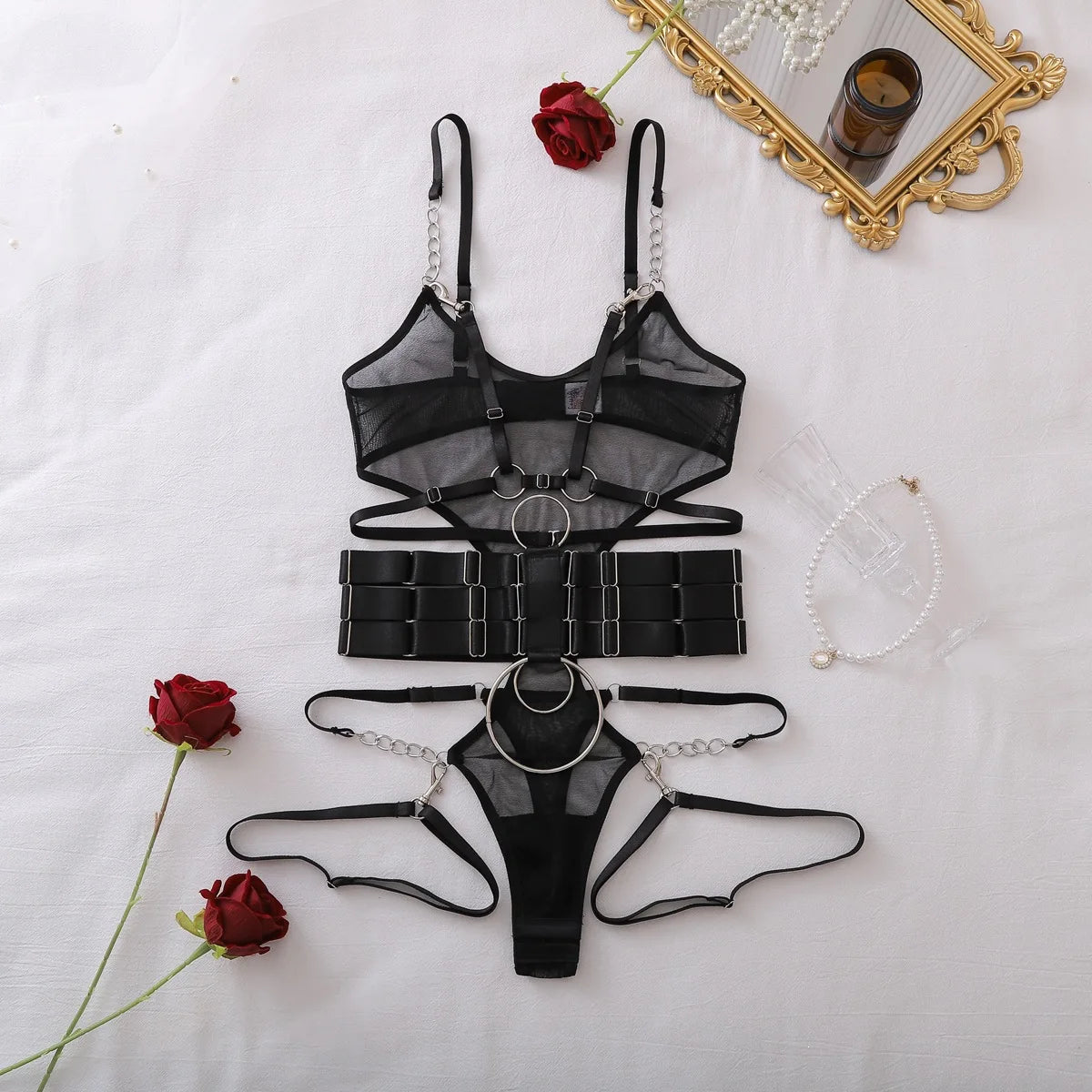 Edgy Cutout Sheer Mesh Lingerie Statement-Making Bondage Belt Bodysuit Set Adult Shapewear Collection LG-0068