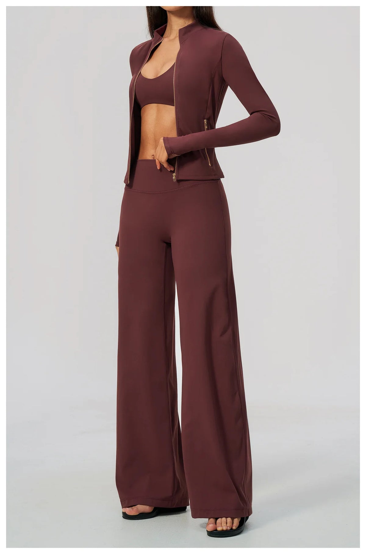 Women's 2/3Pcs Yoga Set Zip Jacket Sports Bra Cross Back Wide Leg Flare Pants Push Up Gym Set Workout Running Fitness Activewear