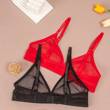 Sexy Transparent Ladies' Brassiere Three-piece Women's Bra Small Bust Mesh Lingerie Ultra-thin Triangle Double Shoulder Straps