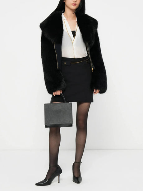 TWOTWINSTYLE Black Slimming Spliced Zipper Jackets for Women Lapel Long Sleeves Tunic Patchwork Fur Fashion Jacket Female New