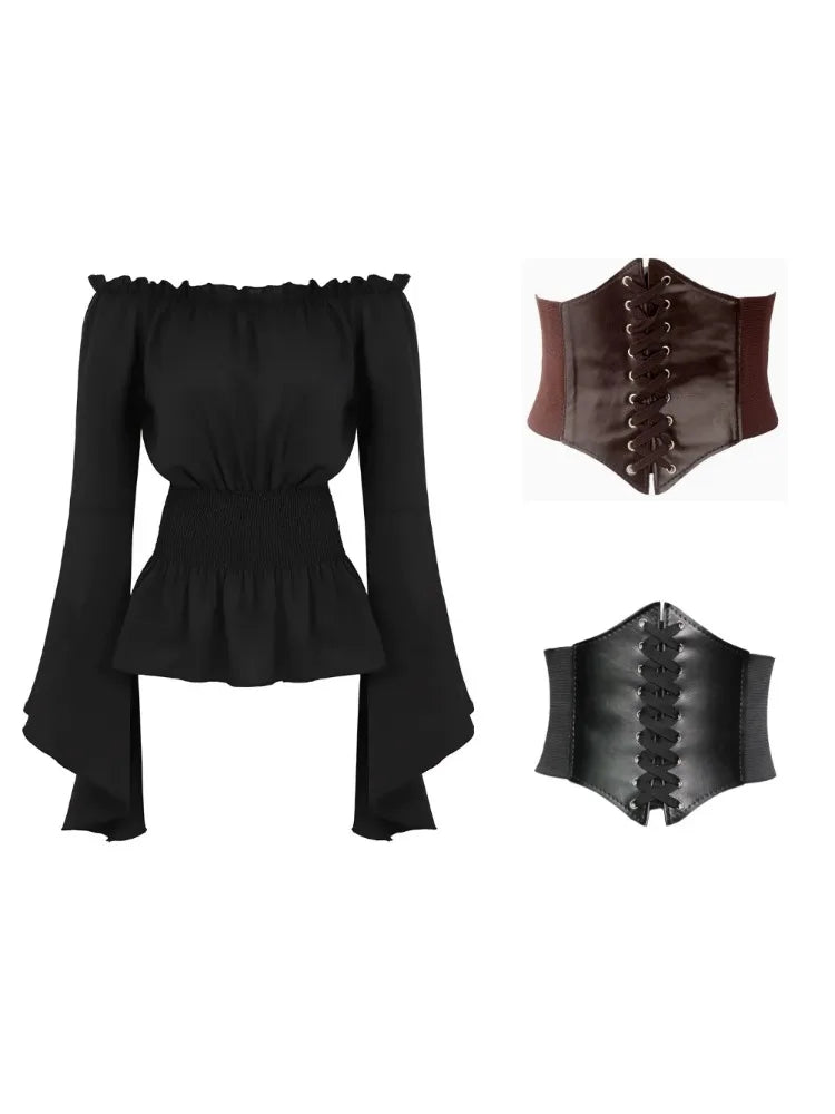 Women Renaissance Blouse Medieval Victorian Long Sleeve Corset Corset Waist Off Shoulder Shirt Pirate Cosplay Costumes Halloween