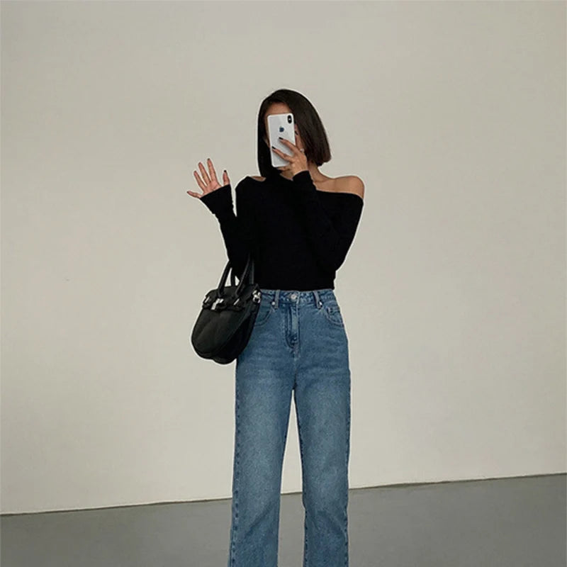 Fashion Skew Collar Off-shoulder Long-sleeved T-shirts Women Spring 2023 New Solid Slim Fit Crop Top Sexy Hollow Out Tees Shirts
