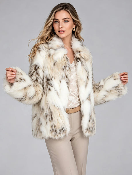 LIMO Women White Grey Spotted Faux Fur Notch Open Front Long Sleeve Cropped Fluffy Warm Winter Loose Fashion Daily Coat