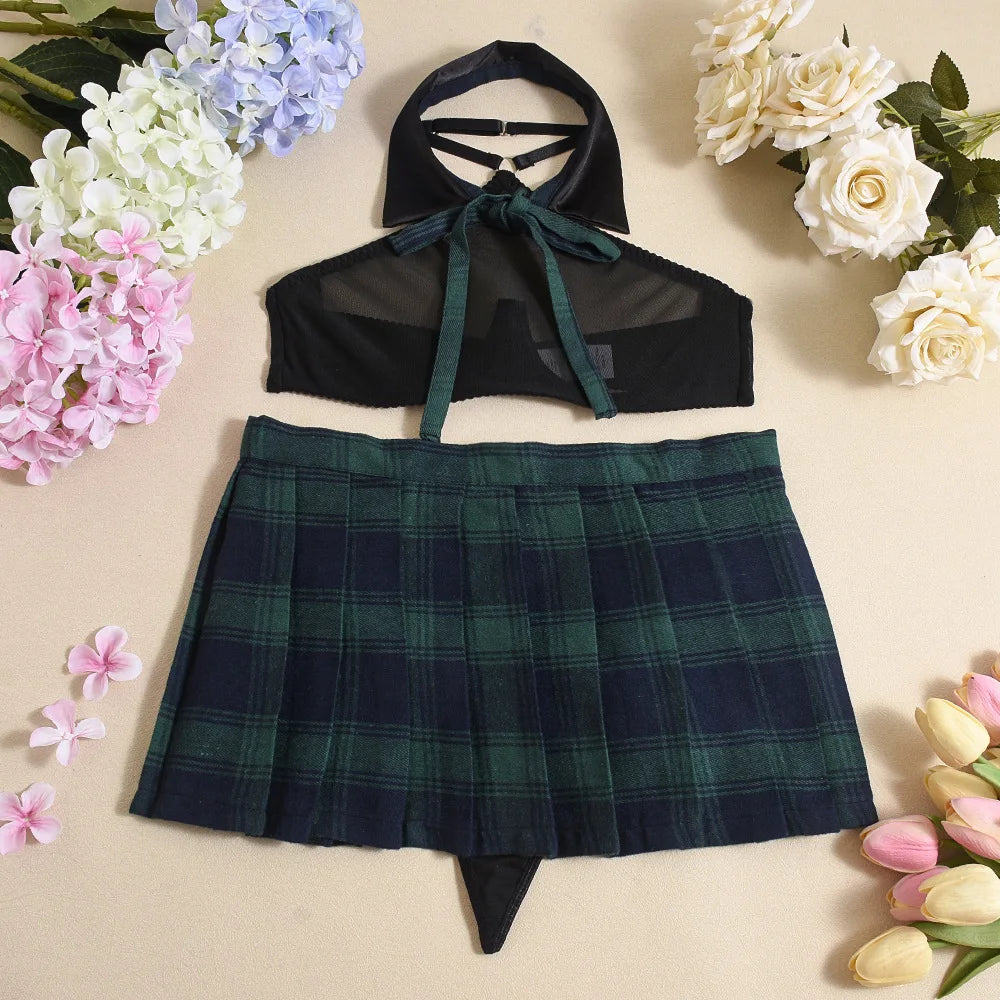 Ellolace Students Cosplay Lingerie Green Plaid Skirt Ultra Hot Halter Bra Transparent Necktie g-String Thongs Ensemble Lingeries