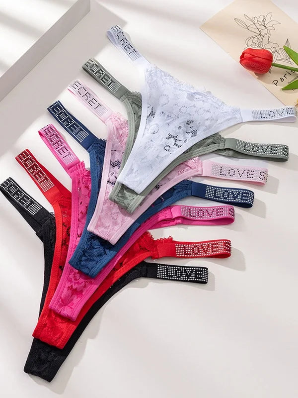 Custom Rhinestone Letter Name Thong Sexy Lace Panties Low-Rise Crystal Letter G-string Personalized Gift Wife Lover Anniversary