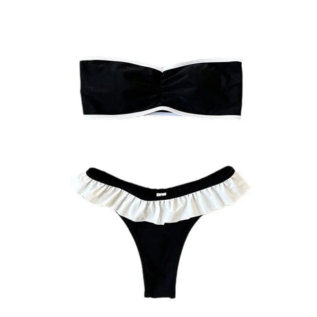 Black White Bandeau Bikini Set Ruched Top Ruffle Bottom Women Beach Swimsuit