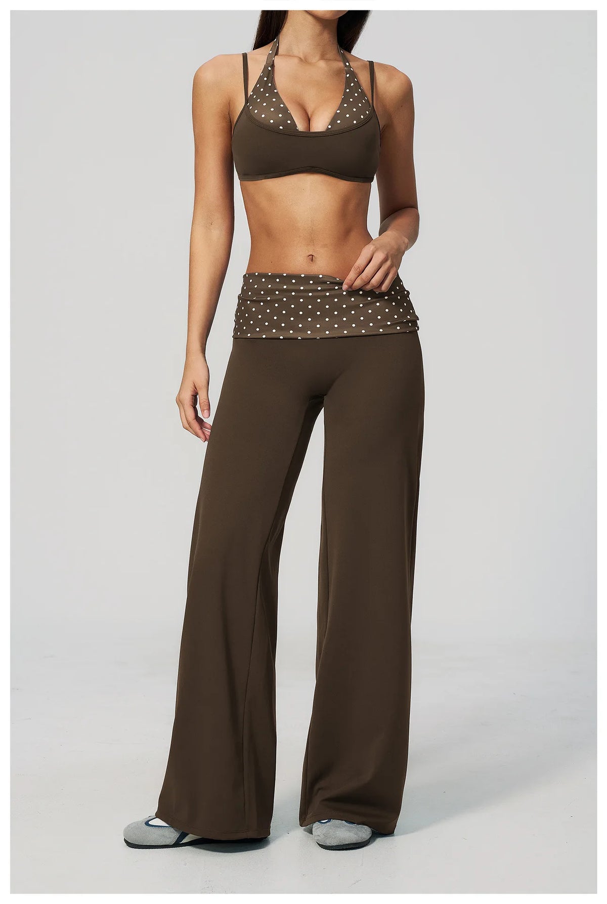 Fashion Polka Dot And Striped Wide Leg Pants For Women Fold Over Waist Bell-bottoms Flare Yoga Pants Push Up Workout Leggings