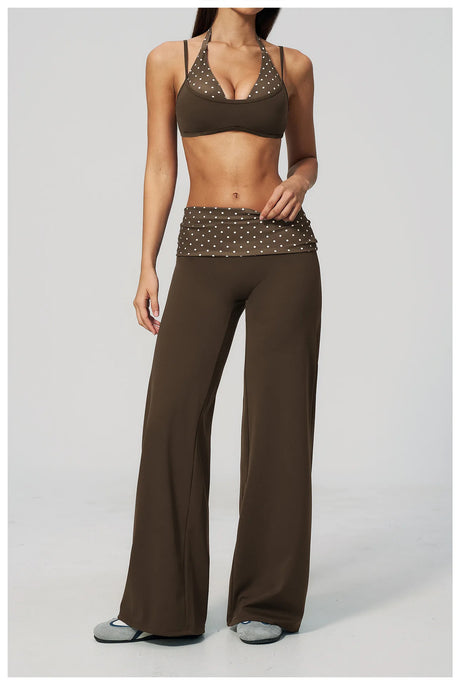 Fashion Polka Dot And Striped Wide Leg Pants For Women Fold Over Waist Bell-bottoms Flare Yoga Pants Push Up Workout Leggings