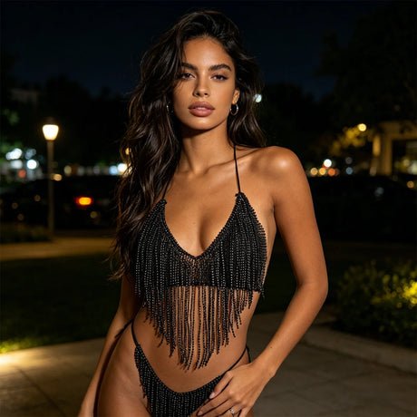 Sexy Rhinestone Tassel Fishnet Tank Top For Women Summer Backless Bandage Halter Neck Crop Top Party Festival Camis