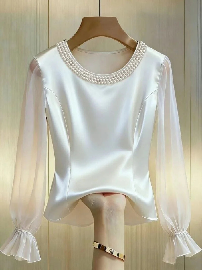 Pearl Beaded Round Neck Long Sleeve Blouse Satin Sheer Top For Women Elegant