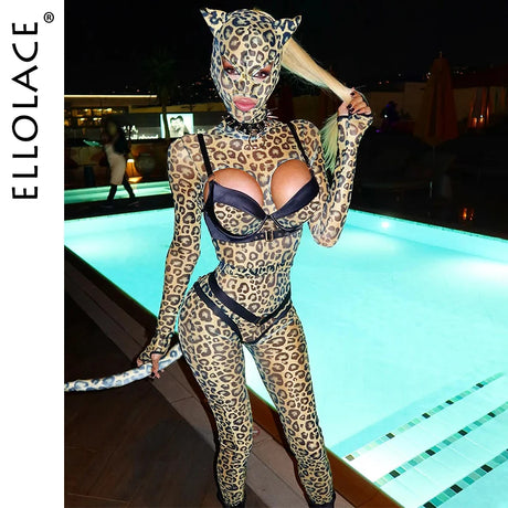 Ellolace Sexy Clothes Women Lingerie Hot Cosplay Hollow Out Leopard Long Sleeve Pants Set Fetish Party Costume with Headgear Kit