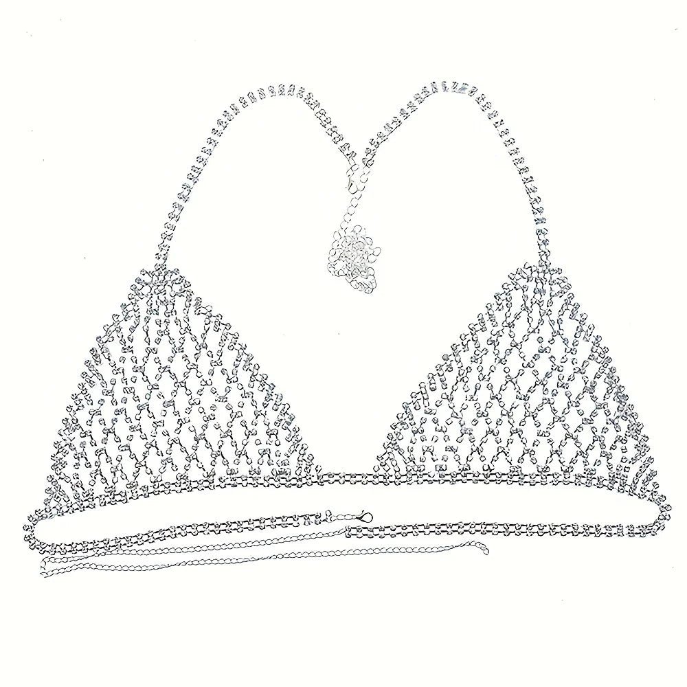 Women Bling Rhinestone Bikini Body Chain Set Sparkly Crystal Mesh Lingerie 2 Piece Halter Triangle Bra Panty Club Party Outfit