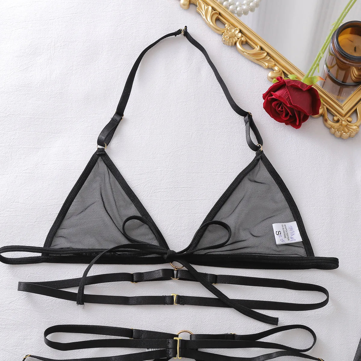 Seductive Women's Lingerie Set Tempted Multi Straps Bandage Bra Garter Belt Panty with Stockings See Through Mesh Underwear
